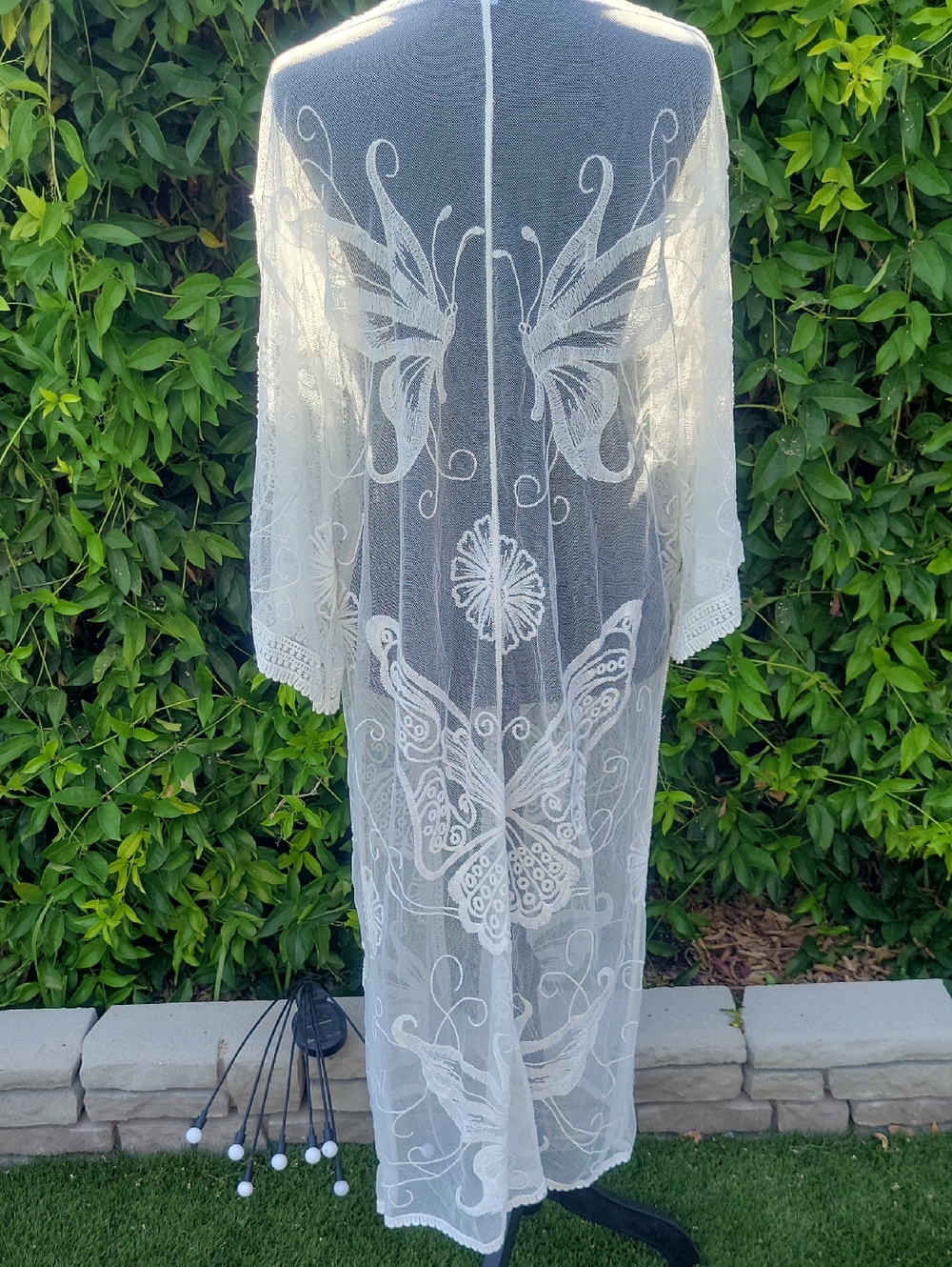 Boho White Butterfly Embroidered With Lace Trim Kimono Swim Cover Up - Picture 6 of 15